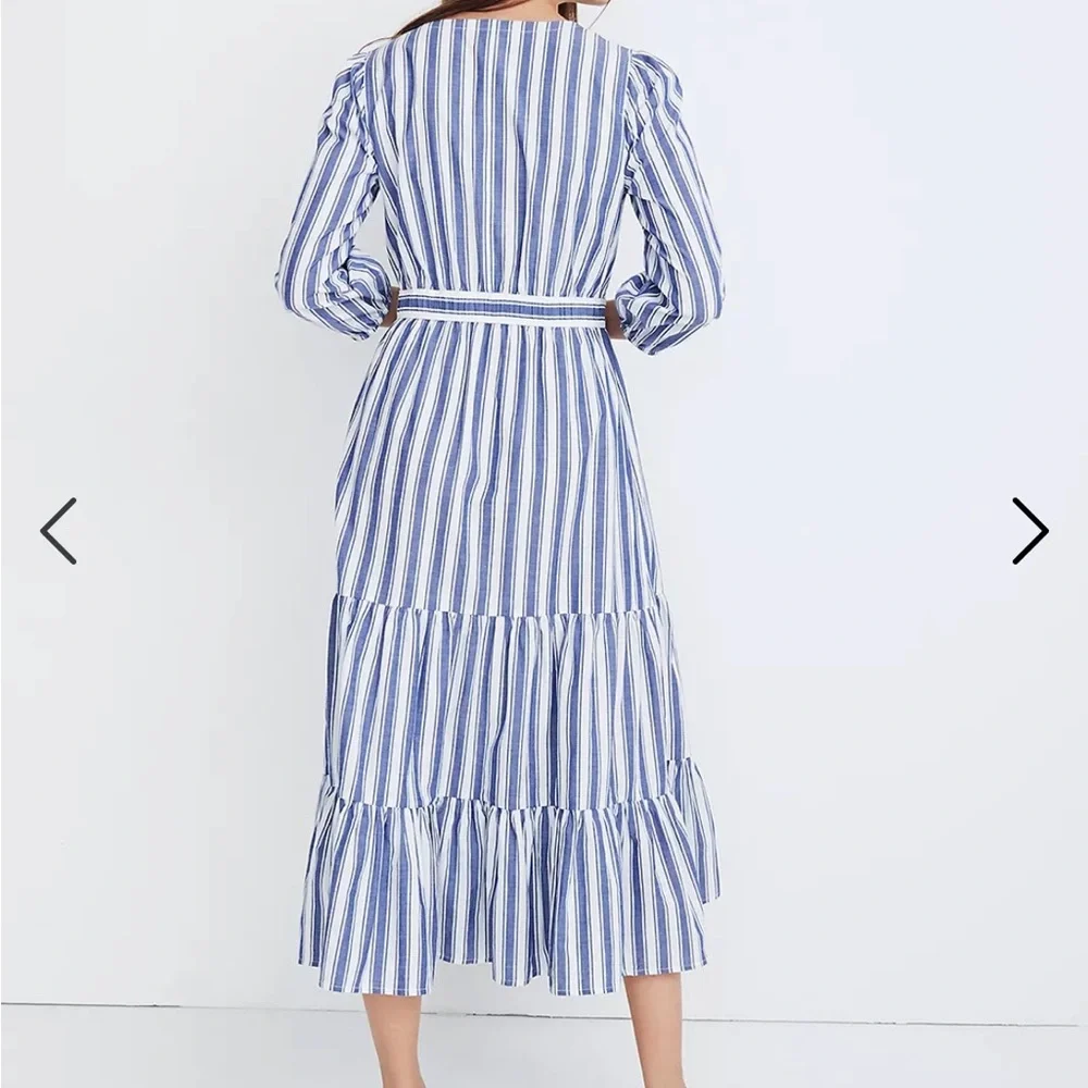 Madewell Ruffle-Sleeve Tiered Maxi Dress In Ava Strip Blue, White Size 4